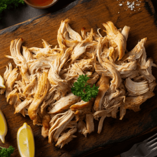 Juicy shredded chicken served in a white bowl, perfect for wraps, salads, or meal prep, made using an air fryer.