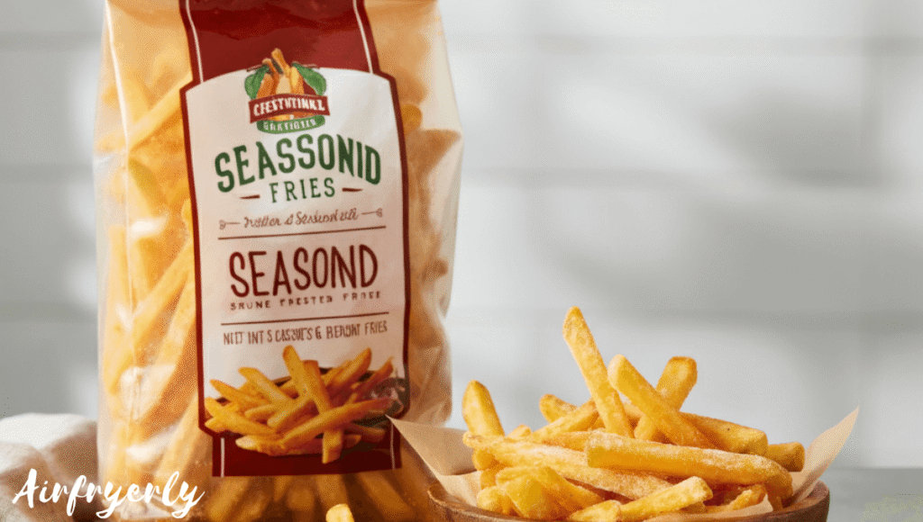Packaged bag of frozen Famous Seasoned Checkers Fries placed on a wooden surface, unopened, with no oil or other ingredients