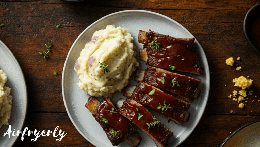 "Air fryer beef ribs plated with mac and cheese, coleslaw, and grilled corn – perfect BBQ-style dinner presentation"