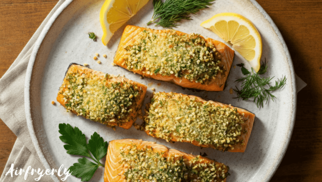 Golden-brown Parmesan crusted salmon served with roasted carrots and potatoes on a dinner plate