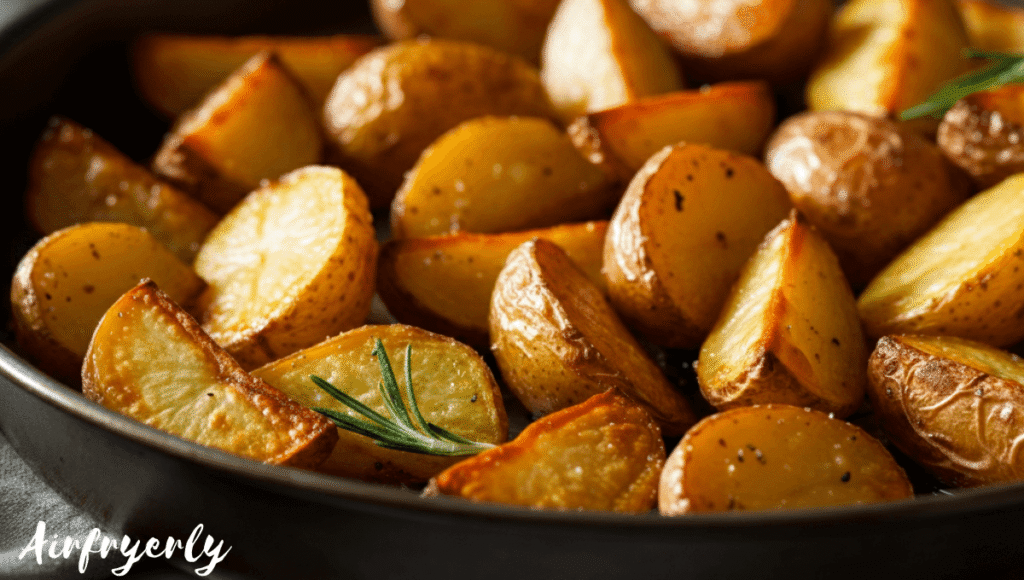 Crispy golden brown potatoes just finished air frying in basket – crunchy and ready to serve