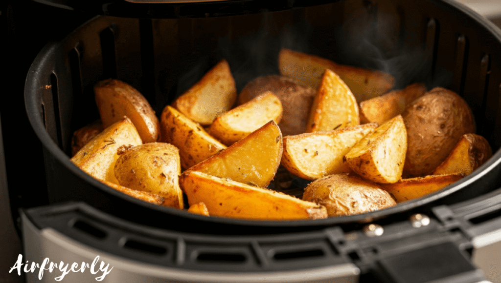 Duck fat-coated potatoes arranged in air fryer basket for initial 15-minute crisping