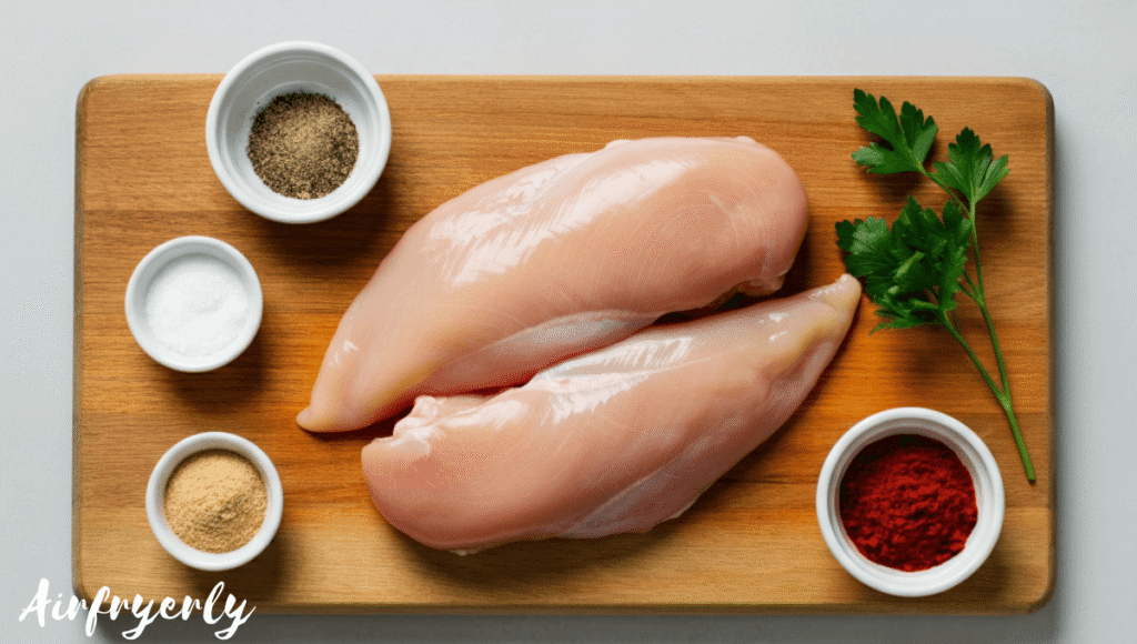 Raw boneless chicken breasts with small bowls of salt, pepper, paprika, and garlic powder on a wooden board, ready for seasoning.