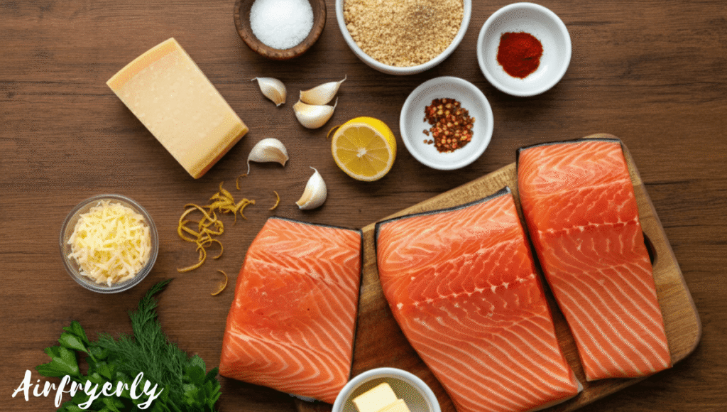 Air fryer salmon ingredients laid out: salmon fillets, grated Parmesan, butter, breadcrumbs, garlic, and herbs