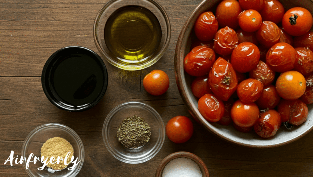 "Ingredients for air fryer cherry tomatoes including halved cherry tomatoes, olive oil, balsamic vinegar, garlic powder, oregano, and salt neatly arranged on a kitchen counter."
