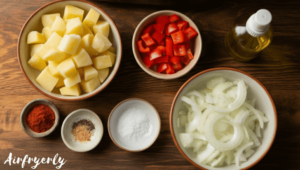 Flat lay of uncooked Potatoes O’Brien ingredients: frozen diced potatoes with chopped red and green bell peppers and onions, surrounded by small bowls of smoked paprika, garlic powder, black pepper, salt, and a spray bottle of olive oil on a wooden surface