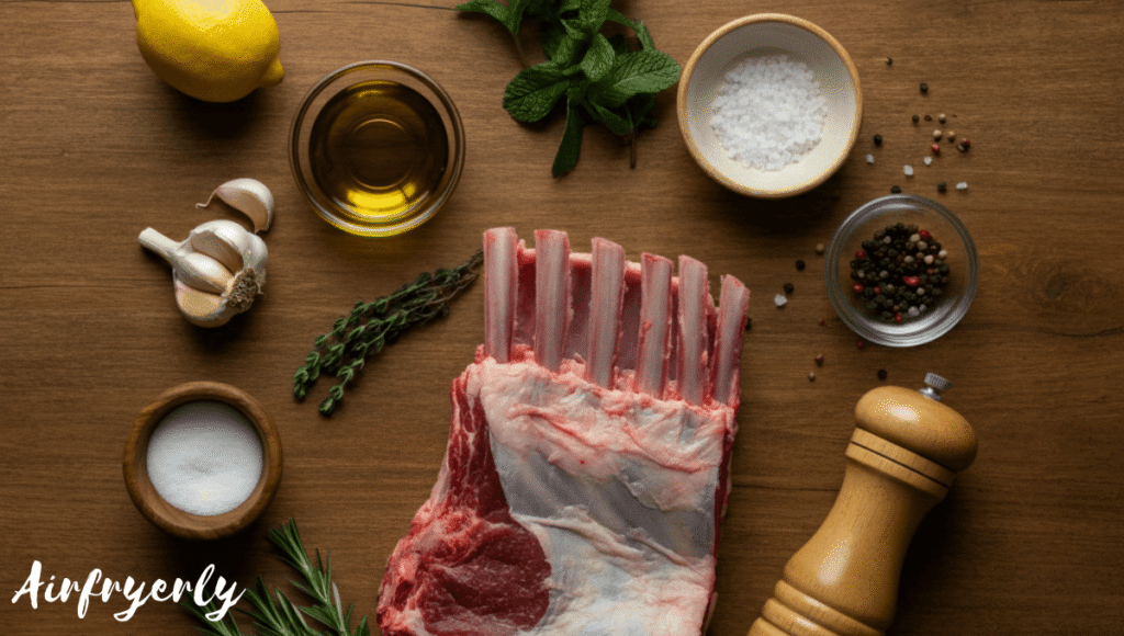 Raw ingredients for air fryer lamb rack recipe including lamb rack, garlic, rosemary, thyme, olive oil, salt, and pepper arranged neatly on a kitchen counter