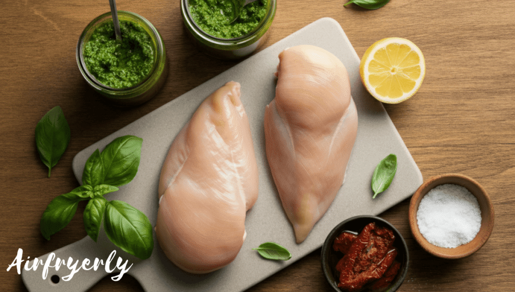 Raw ingredients for chicken pesto air fryer recipe on a wooden table, including boneless chicken breasts and jars of pesto sauce – clean, top-down food blogger style setup