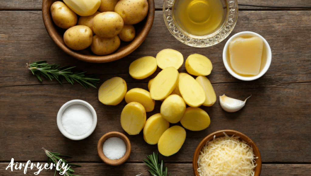 Raw ingredients for duck fat potatoes – Maris Piper potatoes, duck fat, salt, garlic, rosemary