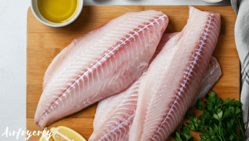 Raw grouper fillets with spices, olive oil, and lemon slices arranged on a white surface