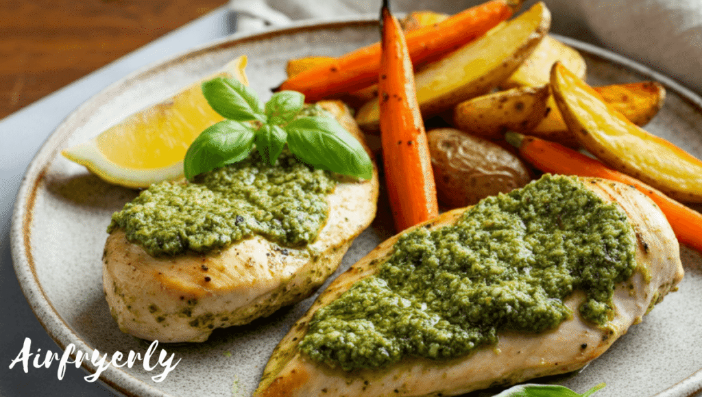 Juicy chicken pesto air fryer dish served on a plate, garnished with herbs and paired with roasted veggies on the side – perfect for a quick weeknight dinner