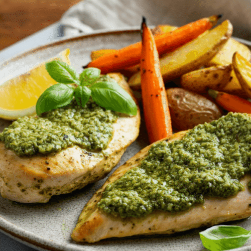 Juicy chicken pesto air fryer dish served on a plate, garnished with herbs and paired with roasted veggies on the side – perfect for a quick weeknight dinner