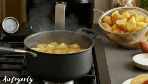 Parboiled potatoes steaming in a pot after draining, ready for air frying