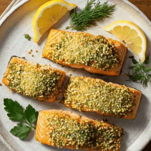 Parmesan crusted salmon fillet cooked in air fryer, served with roasted veggies on white plate