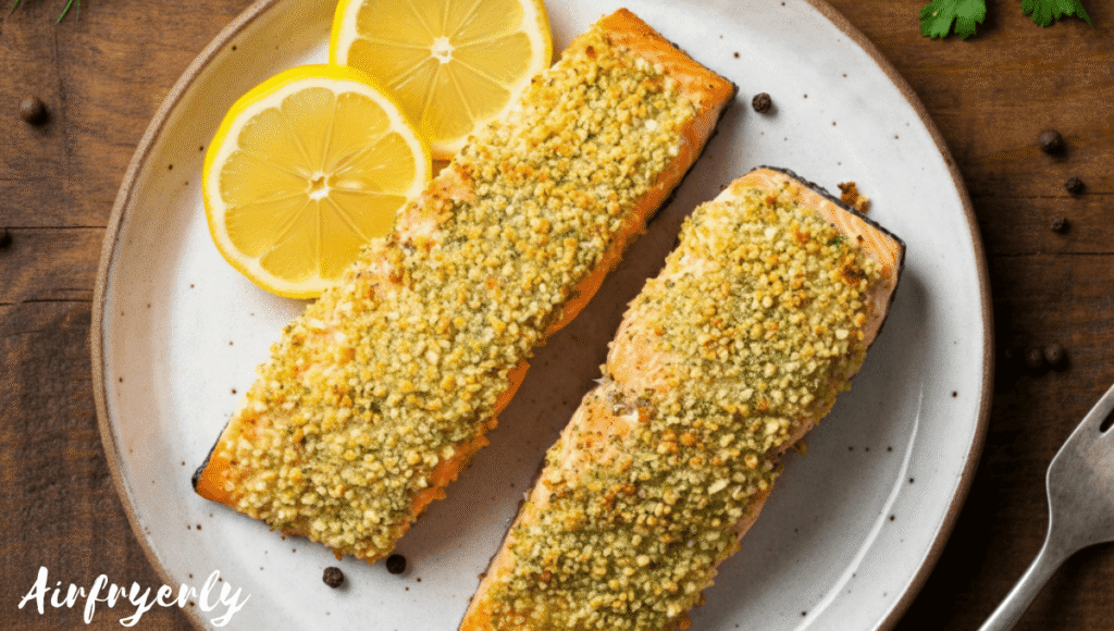 Parmesan crusted salmon fillet cooked in air fryer, served with roasted veggies on white plate