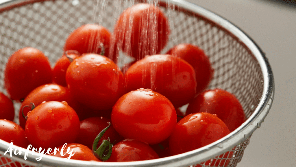 Preparing air fryer cherry tomatoes by slicing them in half on a wooden cutting board with a knife and whole tomatoes on the side