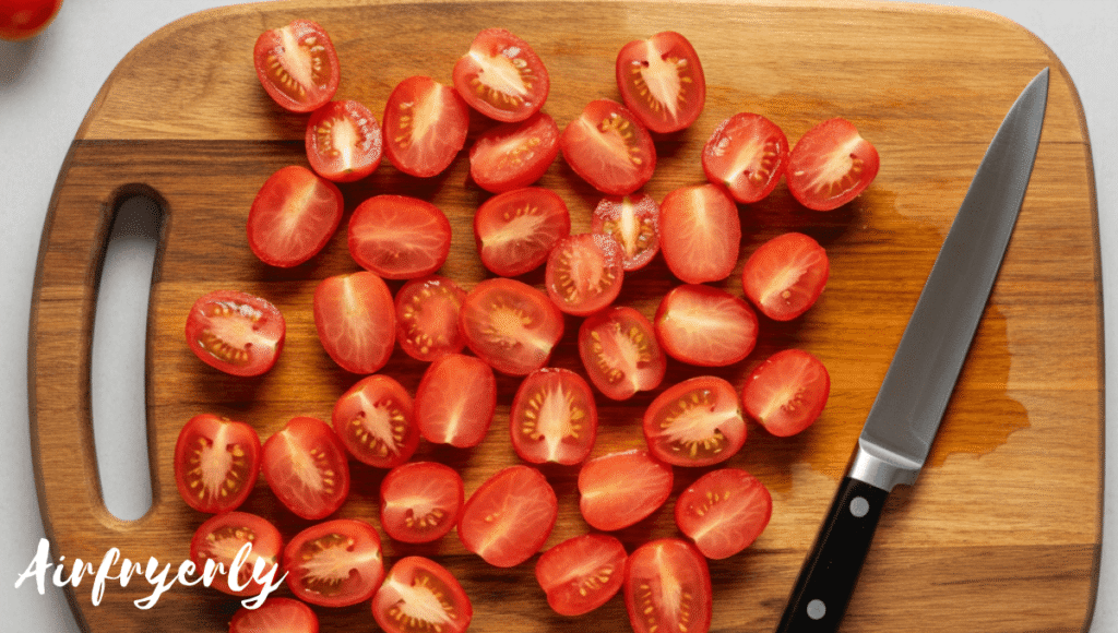 Preparing air fryer cherry tomatoes by slicing them in half on a wooden cutting board with a knife and whole tomatoes on the side