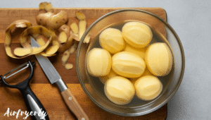 Peeled potatoes cut into chunks and soaked in ice water for fluffier texture before cooking