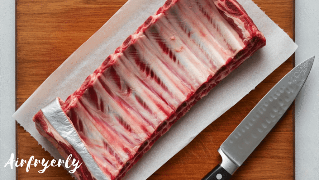 "Raw beef ribs on a wooden cutting board with membrane partially peeled for tender air fryer beef ribs preparation"