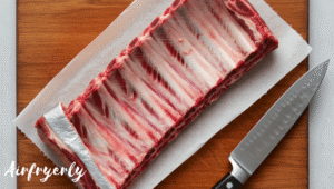 "Raw beef ribs on a wooden cutting board with membrane partially peeled for tender air fryer beef ribs preparation"
