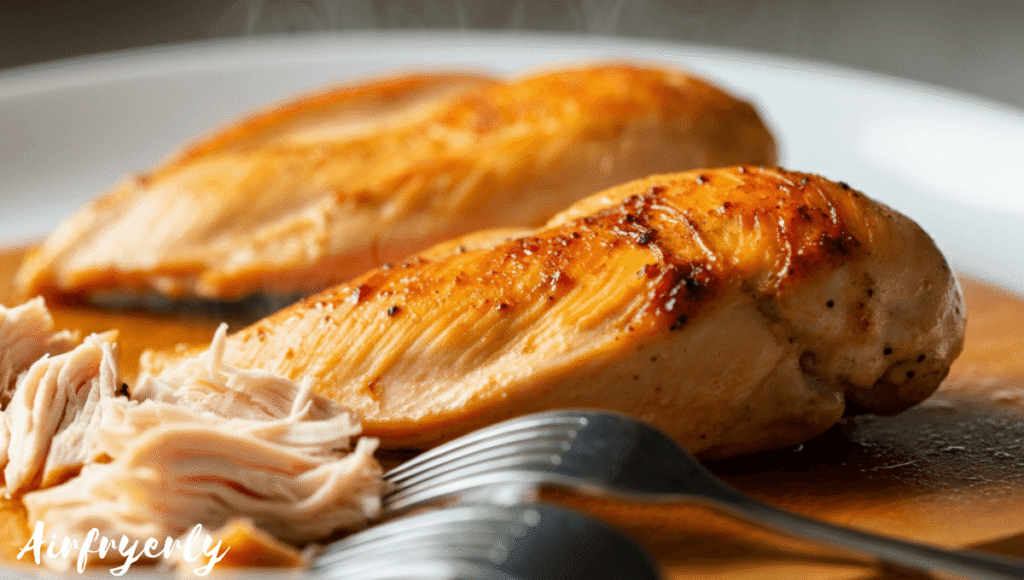 Cooked chicken breasts resting on a cutting board with two forks placed beside, ready to be shredded.