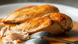 Cooked chicken breasts resting on a cutting board with two forks placed beside, ready to be shredded.