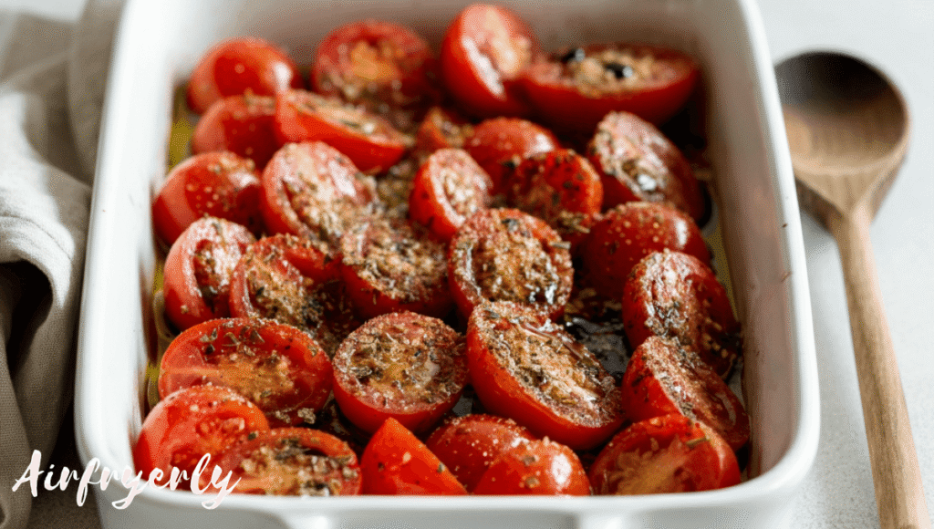 "Air fryer cherry tomatoes tossed in olive oil, balsamic vinegar, and seasonings in a white baking dish before cooking."