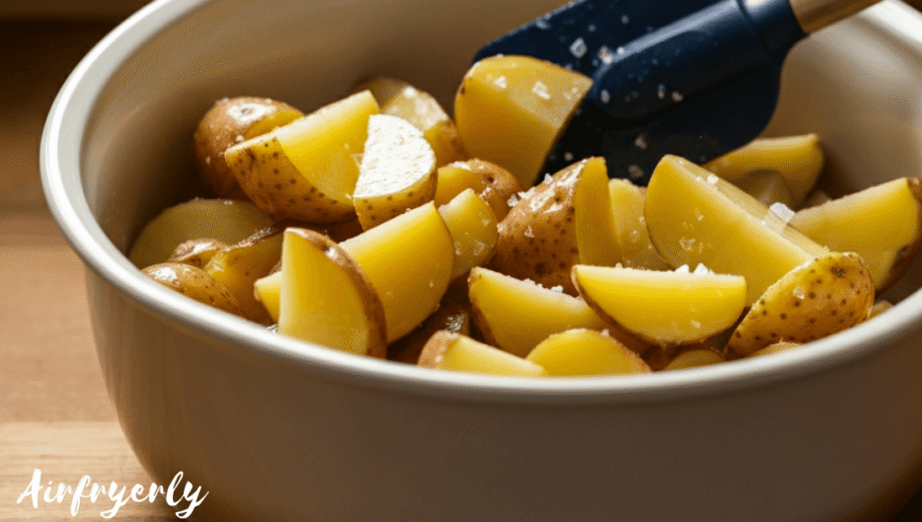 Potatoes coated in melted duck fat and sea salt, edges roughened for extra crispiness