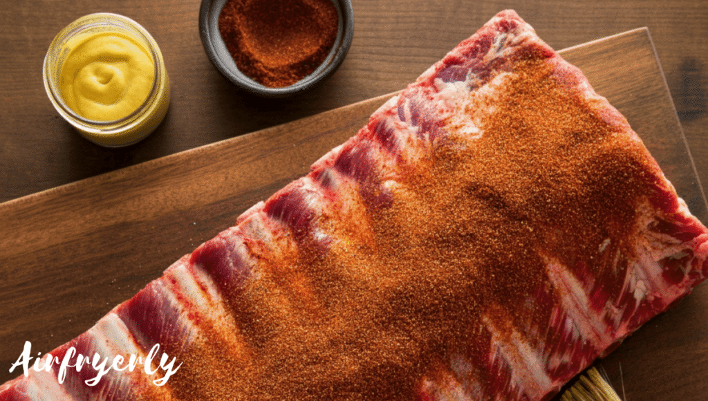 "Beef ribs coated in BBQ spice rub and mustard, ready to be cooked in the air fryer for a flavorful crust"