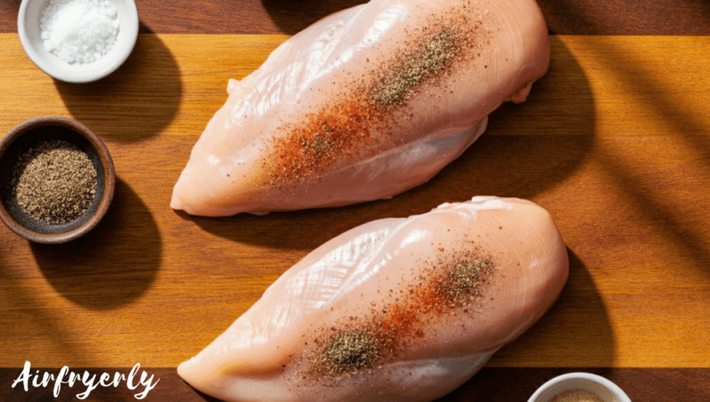 Two chicken breasts lightly seasoned with spices, placed on a cutting board before air frying.