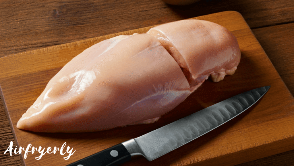 Chicken breasts being butterflied on a wooden cutting board for chicken pesto air fryer recipe, showing even slicing and clean prep for even cooking