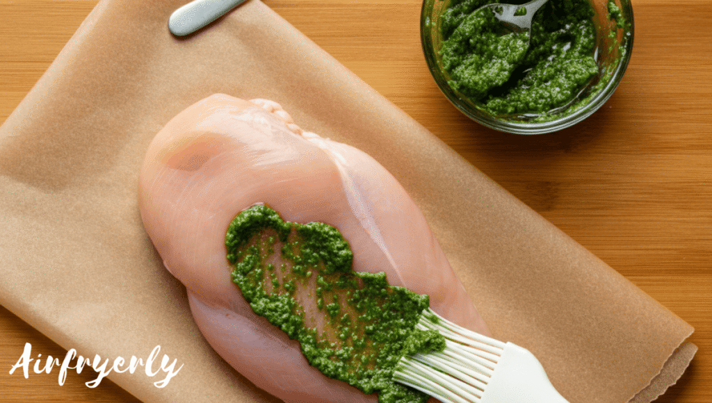 Chicken breasts generously brushed with pesto sauce on both sides, ready to cook for a juicy chicken pesto air fryer meal