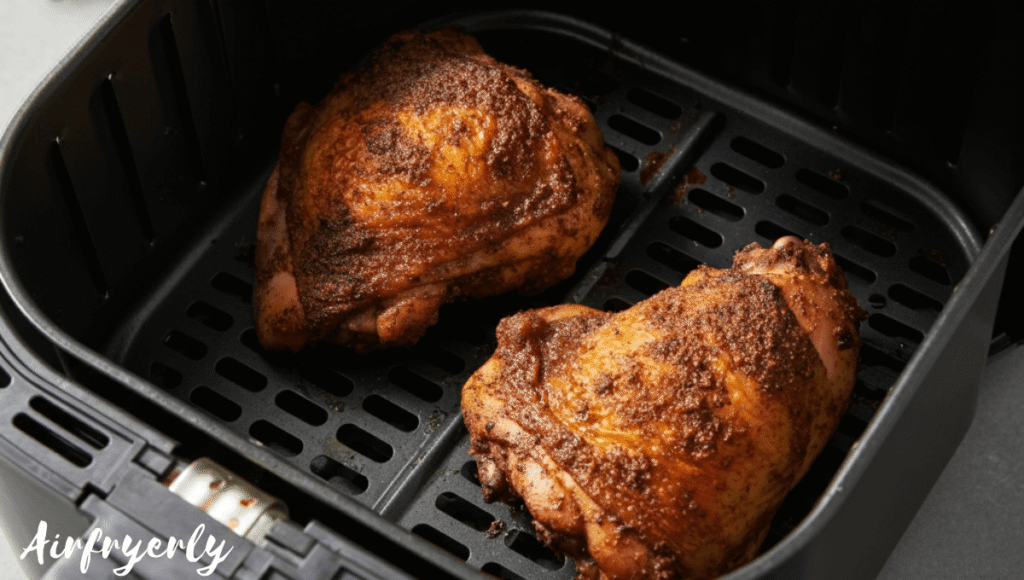 Jerk chicken thighs placed skin-side up in an air fryer basket, ready to cook at 380°F.