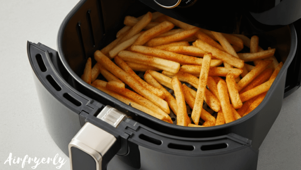 Air fryer display set to 400°F with fries inside, showing mid-cooking shake or flip in progress.