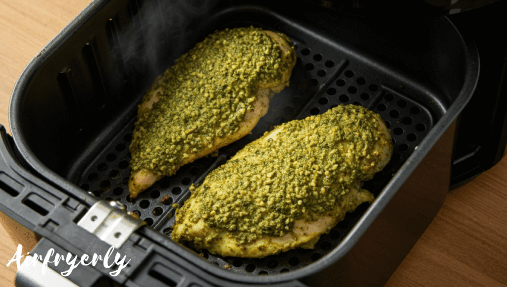 Chicken coated with pesto placed inside air fryer basket at 390°F, golden crust starting to form – air fryer pesto chicken cooking process