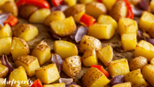 Golden roasted Potatoes O’Brien cooking on a tray with slightly crisp edges, colorful peppers, and onions evenly browned — photographed mid-cook in bright lighting