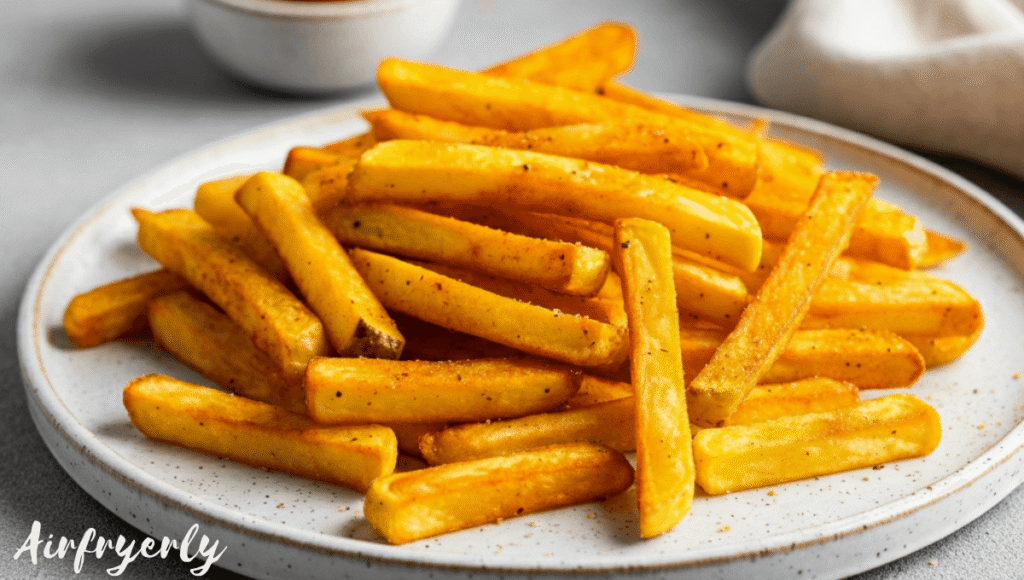 Hot, crispy Checkers seasoned fries served on a white plate, golden brown with crunchy edges, fresh from the air fryer