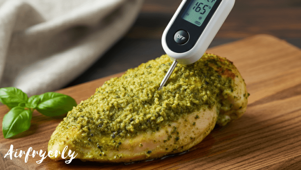 Meat thermometer showing 165°F inserted in chicken pesto air fryer piece, with juicy texture and light herb crust visible after cooking