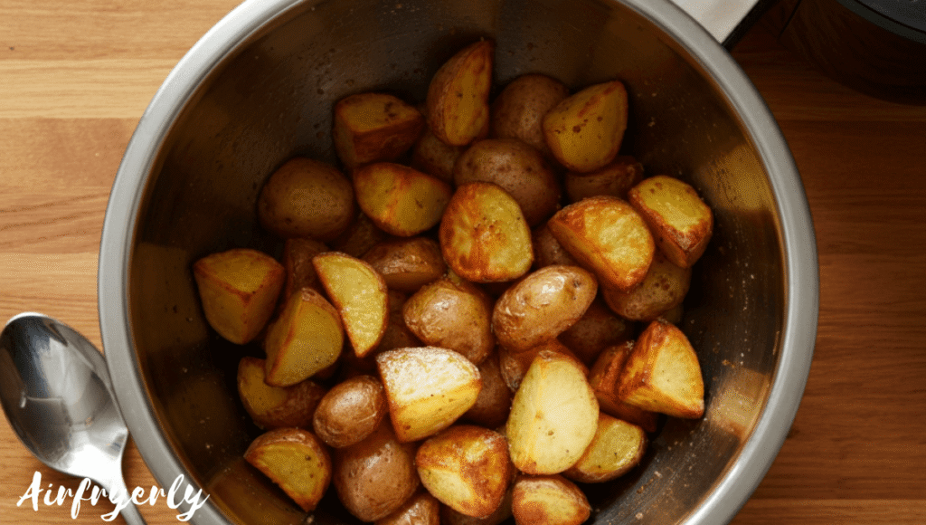 Midway air frying – potatoes being tossed in duck fat for even crisp texture