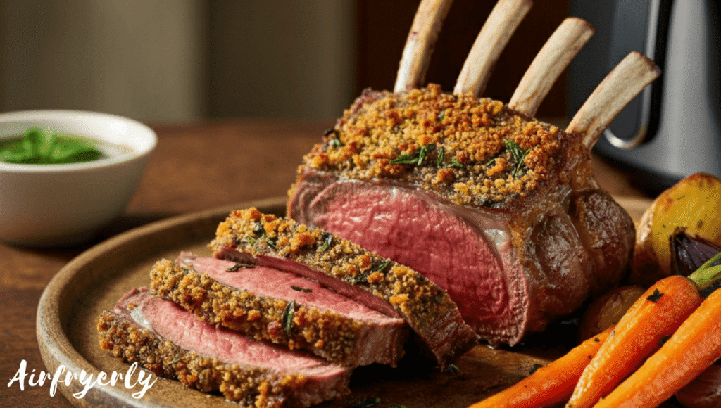 Juicy golden-crusted air fryer lamb rack sliced into chops, served with chimichurri sauce and roasted vegetables on a white plate