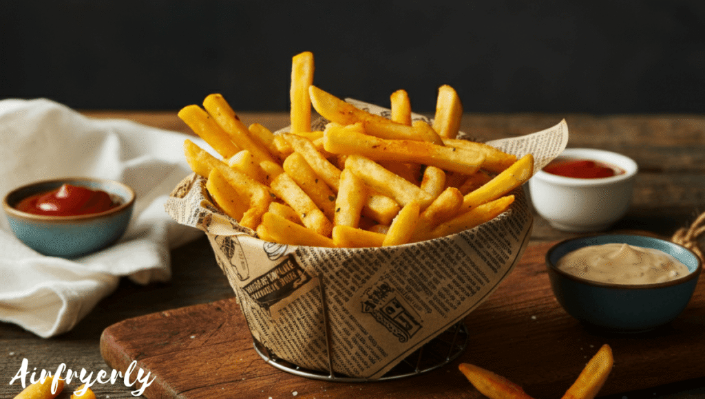 A basket of golden, crispy Checkers seasoned fries served on a rustic paper-lined tray with dipping sauces on the side, styled like a food blog photo