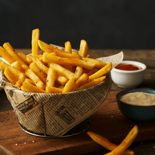 A basket of golden, crispy Checkers seasoned fries served on a rustic paper-lined tray with dipping sauces on the side, styled like a food blog photo