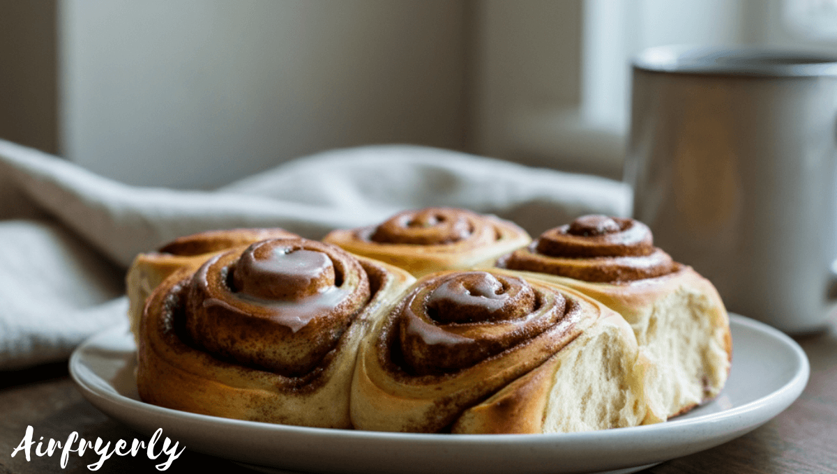 Golden brown frozen cinnamon rolls served on a white plate with icing drizzle, fresh from the air fryer – easy and quick breakfast idea