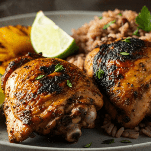 Crispy jerk chicken thighs on a plate with lime wedges and herbs, served with rice and peas.
