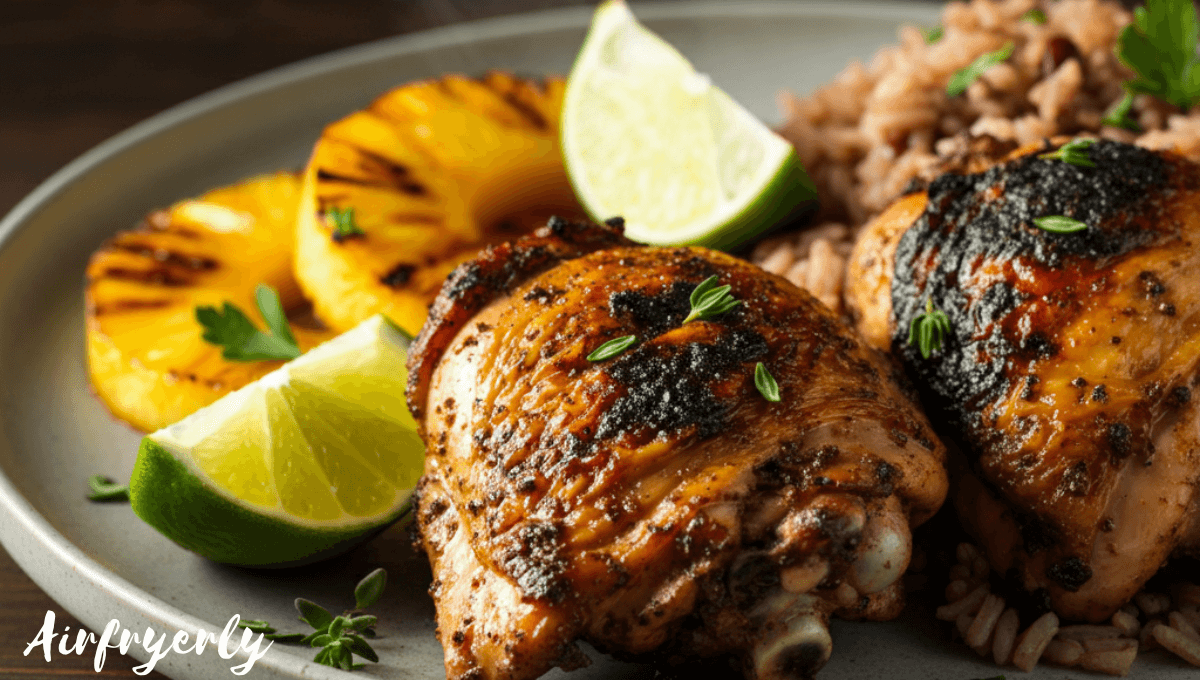 Crispy jerk chicken thighs on a plate with lime wedges and herbs, served with rice and peas.