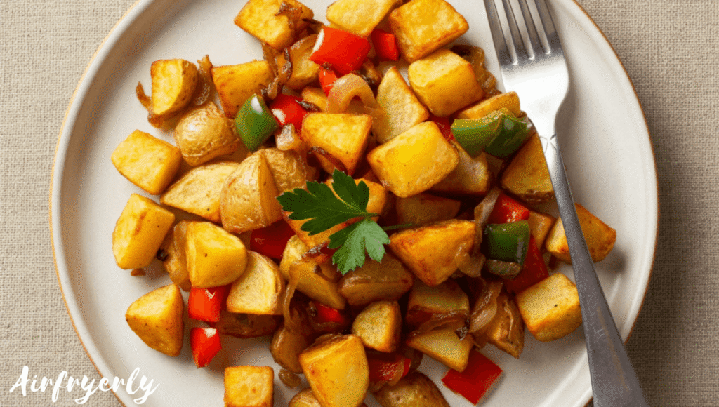 Top-down view of a breakfast plate filled with crispy golden Potatoes O’Brien made of diced potatoes, red and green bell peppers, and onions, served on a rustic wooden table with a fork and parsley garnish