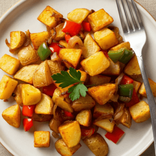 Top-down view of a breakfast plate filled with crispy golden Potatoes O’Brien made of diced potatoes, red and green bell peppers, and onions, served on a rustic wooden table with a fork and parsley garnish
