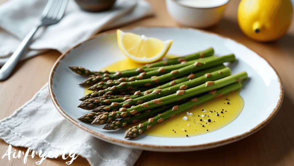 "Golden and crispy frozen asparagus in air fryer basket, cooked to perfection with a light char, bright kitchen lighting, healthy side dish."