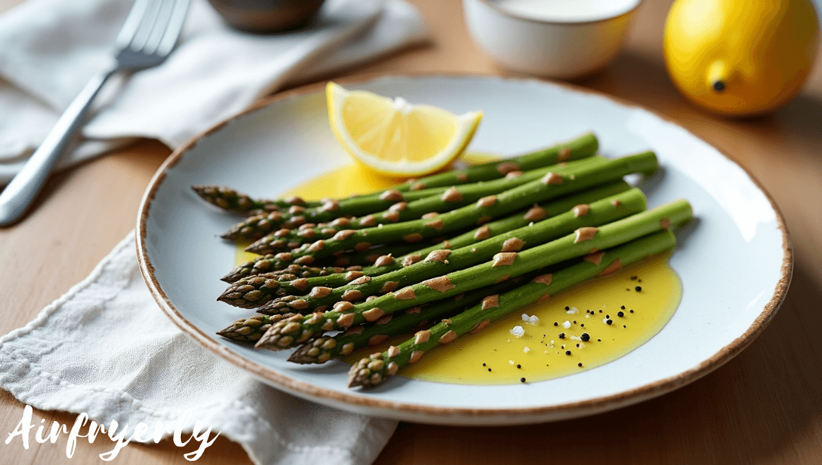 "Golden and crispy frozen asparagus in air fryer basket, cooked to perfection with a light char, bright kitchen lighting, healthy side dish."