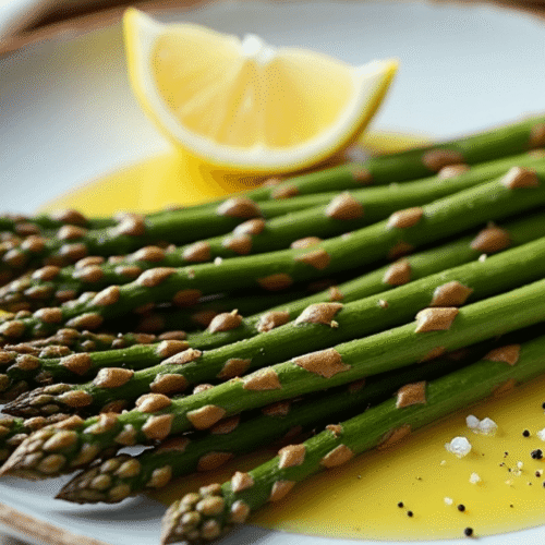 "Golden and crispy frozen asparagus in air fryer basket, cooked to perfection with a light char, bright kitchen lighting, healthy side dish."